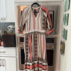 Browns, cream and orange, 3/4 Sleeve V-neck dress